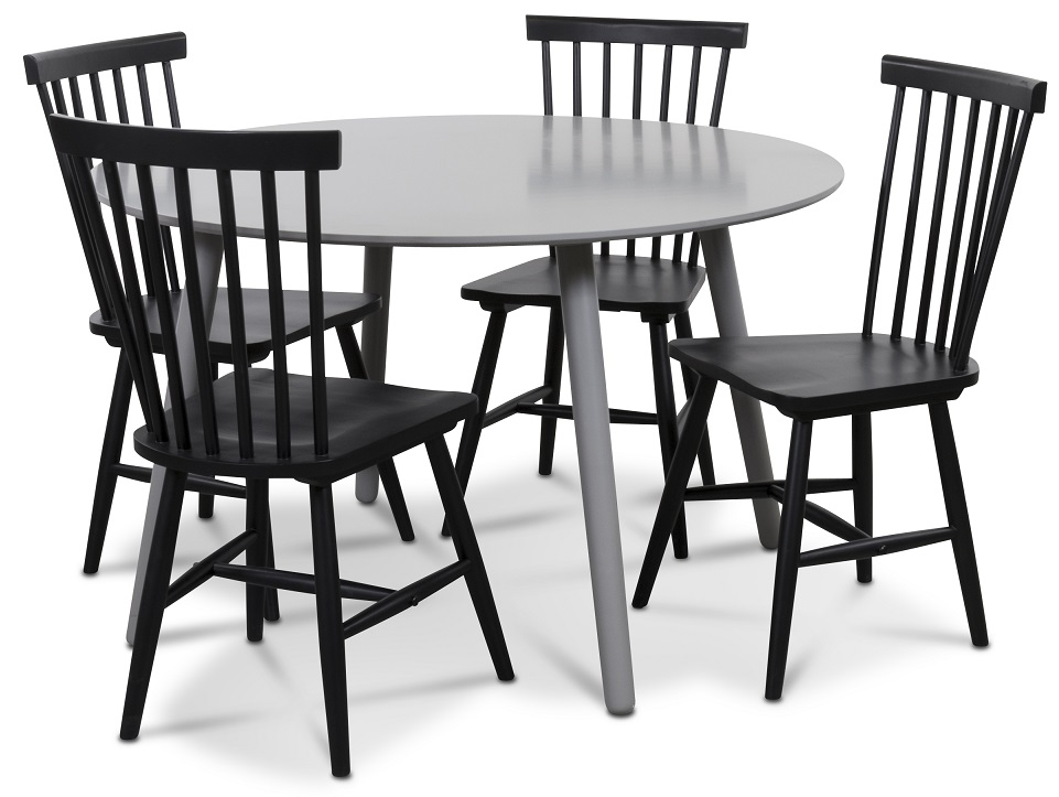 Rosvik Essgruppe grauer, runder Tisch mit 4 schwarzen Karl Sprossenstühlen - grau / schwarz + 3.00 x Möbelfüße Rosvik Essgruppe grauer, runder Tisch mit 4 schwarzen Karl Sprossenstühlen - grau / schwarz + 3.00 x Möbelfüße