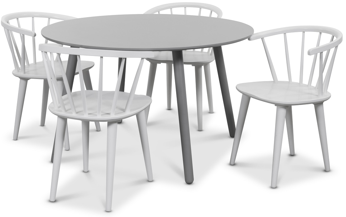 Rosvik Esstischset grau runder Tisch mit 4 wei�en Dalsland St�hlen + 3.00 x M�belf��e