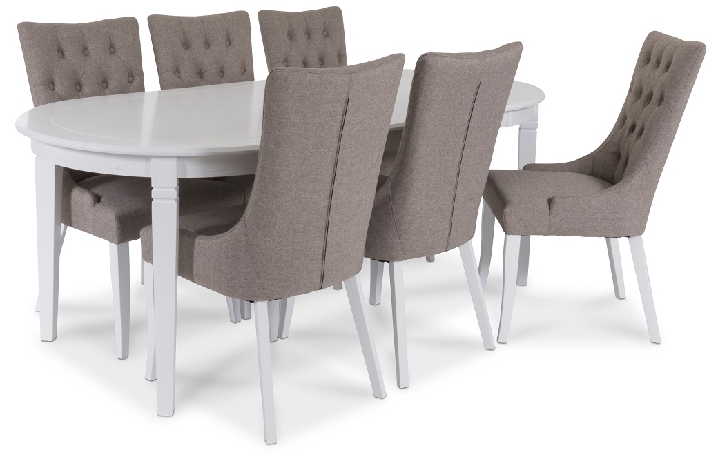 Sandhamn Esstischgruppe, ovaler Tisch mit 6 Saga-Stühlen aus beigem Stoff Sandhamn Esstischgruppe, ovaler Tisch mit 6 Saga-Stühlen aus beigem Stoff