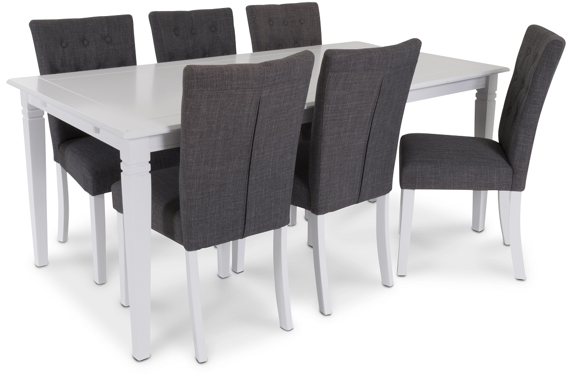 Sandhamn Food-Gruppe; Tisch 180x95 cm mit 6 Crocket-Stühlen - Weiß / Grau + 4.00 x Möbelfüße Sandhamn Food-Gruppe; Tisch 180x95 cm mit 6 Crocket-Stühlen - Weiß / Grau + 4.00 x Möbelfüße