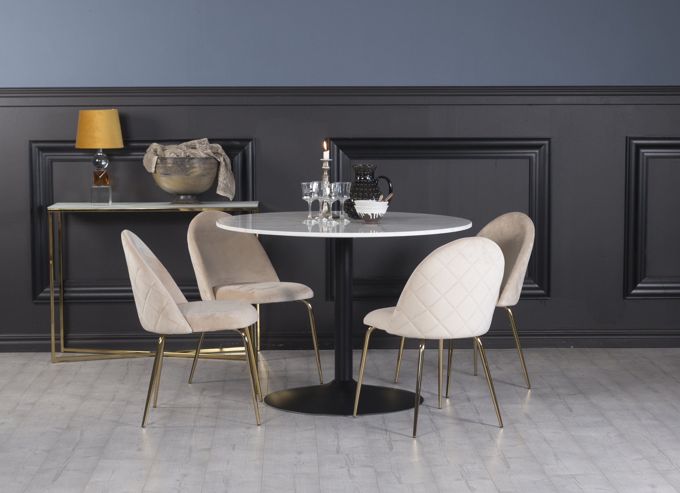 Plaza Essgruppe, Marmortisch mit 4 Plaza Samtst�hlen - Beige/Wei�/Schwarz