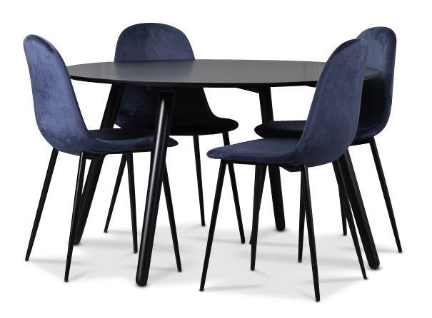 Rosvik Essgruppe, Esstisch mit 4 Carisma Samtst�hlen - Schwarz/Blau