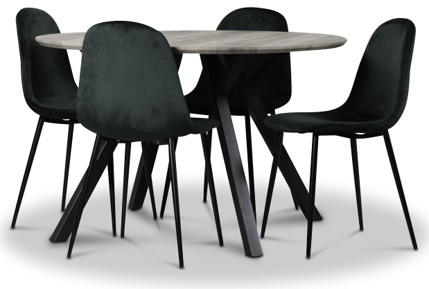 Smokey Esstischgruppe, runder Esstisch mit 4 Carisma Samtst�hlen - Dunkelgr�n