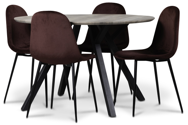 Smokey Esstischgruppe, runder Esstisch mit 4 Carisma Samtst�hlen - Bordeaux