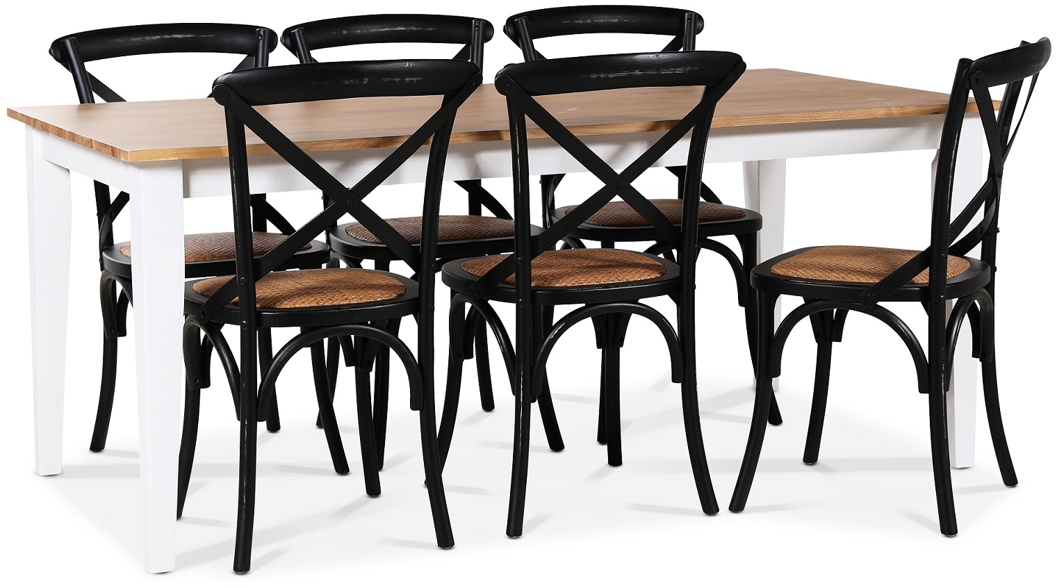 Dalar�s Essgruppe 180 cm Tisch wei�/Eiche + 6 schwarze Gaston Esszimmerst�hle