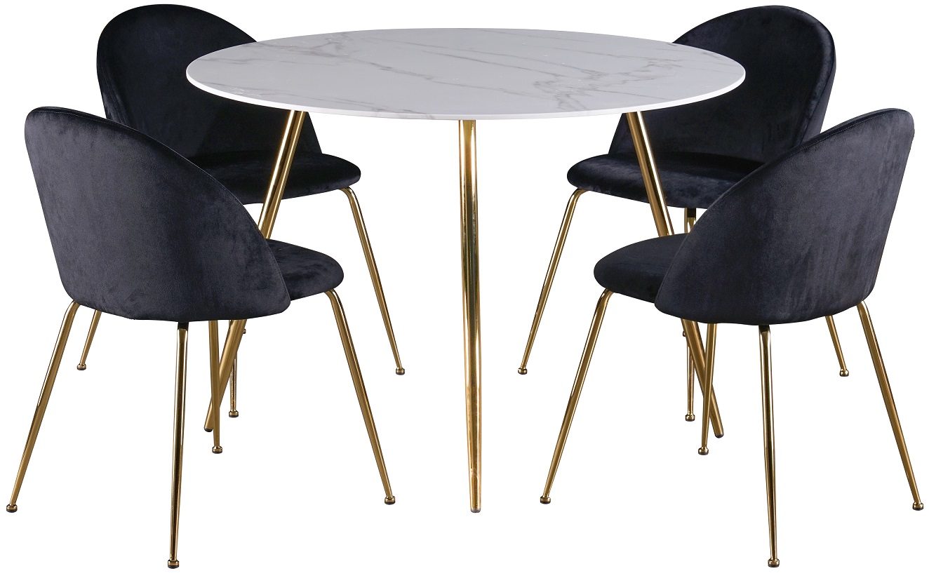 Deco Essgruppe 110 cm runt Tisch + 4 Art St�hle schwarzer Samt / Messing