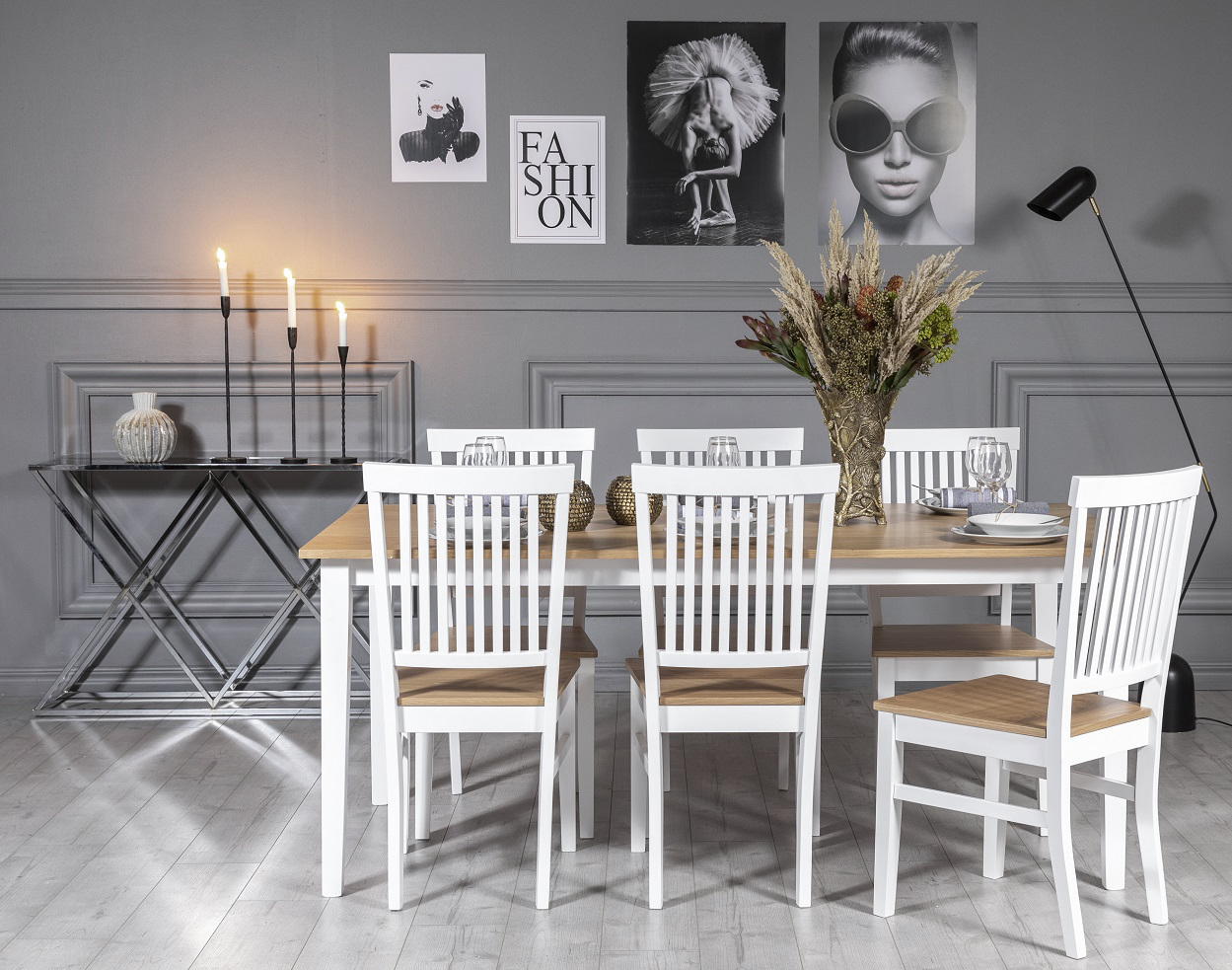 F�r� Essgruppe: Tisch 180 cm inklusive 6 F�r� St�hle - Eiche/wei�