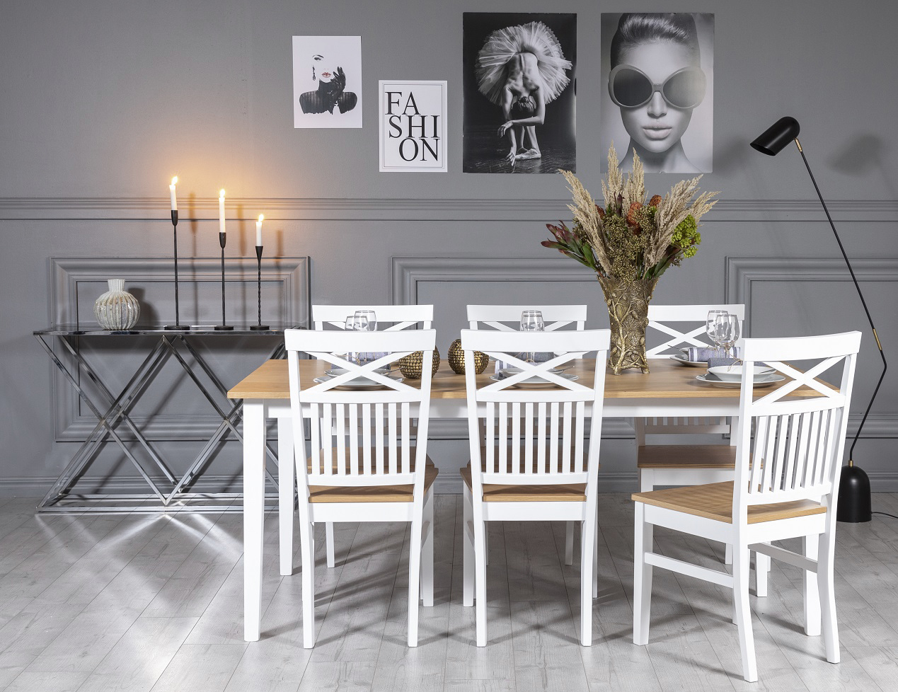F�r� Essgruppe: Tisch 180 cm inklusive 6 F�r� St�hle mit Kreuz - Eiche/wei�