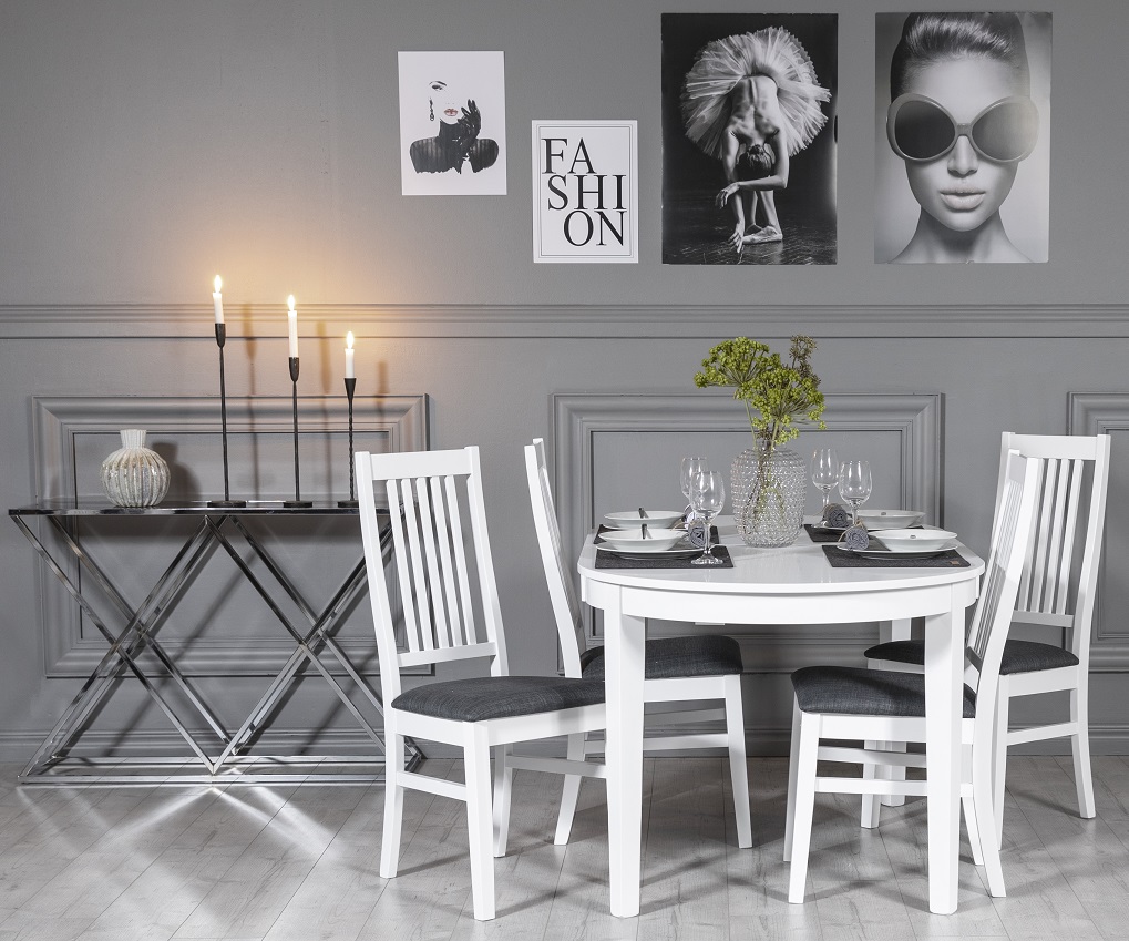 G�s� Essgruppe: Tisch 160/210 cm inklusive 4 G�s� St�hle - Wei�/Grau