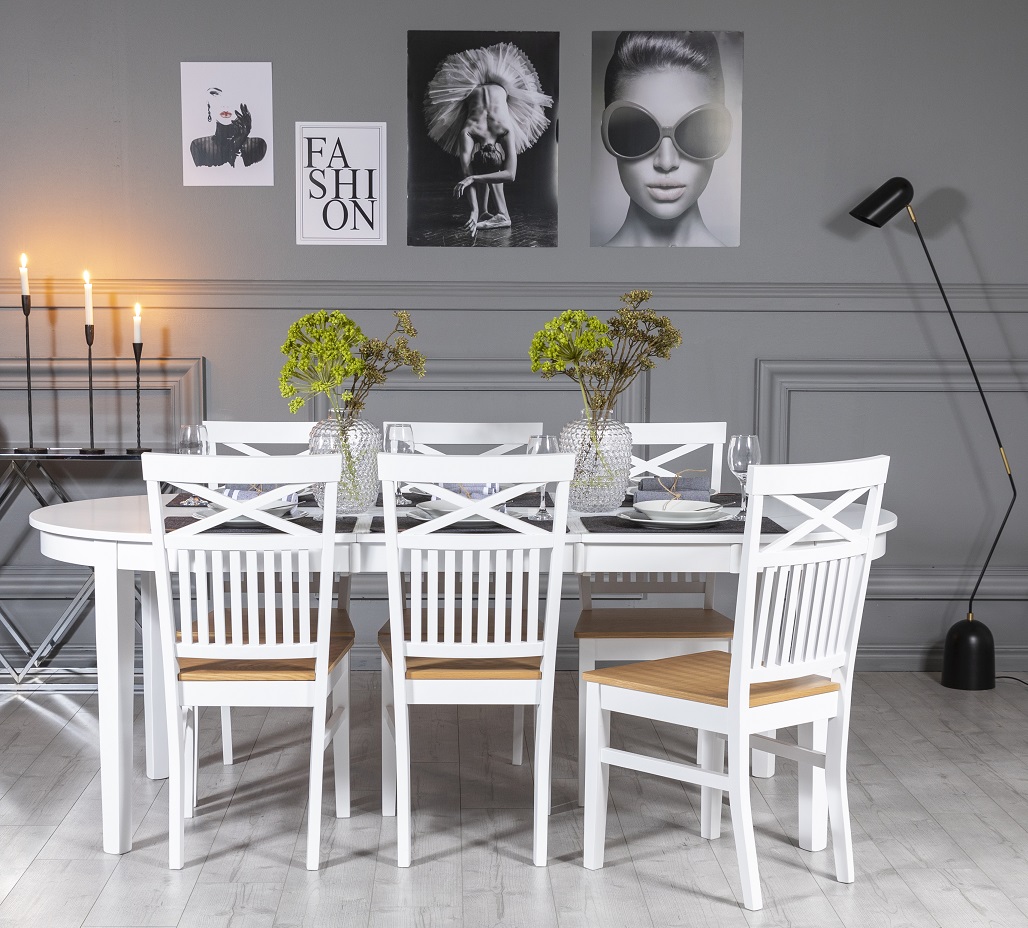 G�s� Essgruppe: Tisch 160/210 cm inklusive 6 F�r� St�hle mit Kreuz - Wei�/Eiche