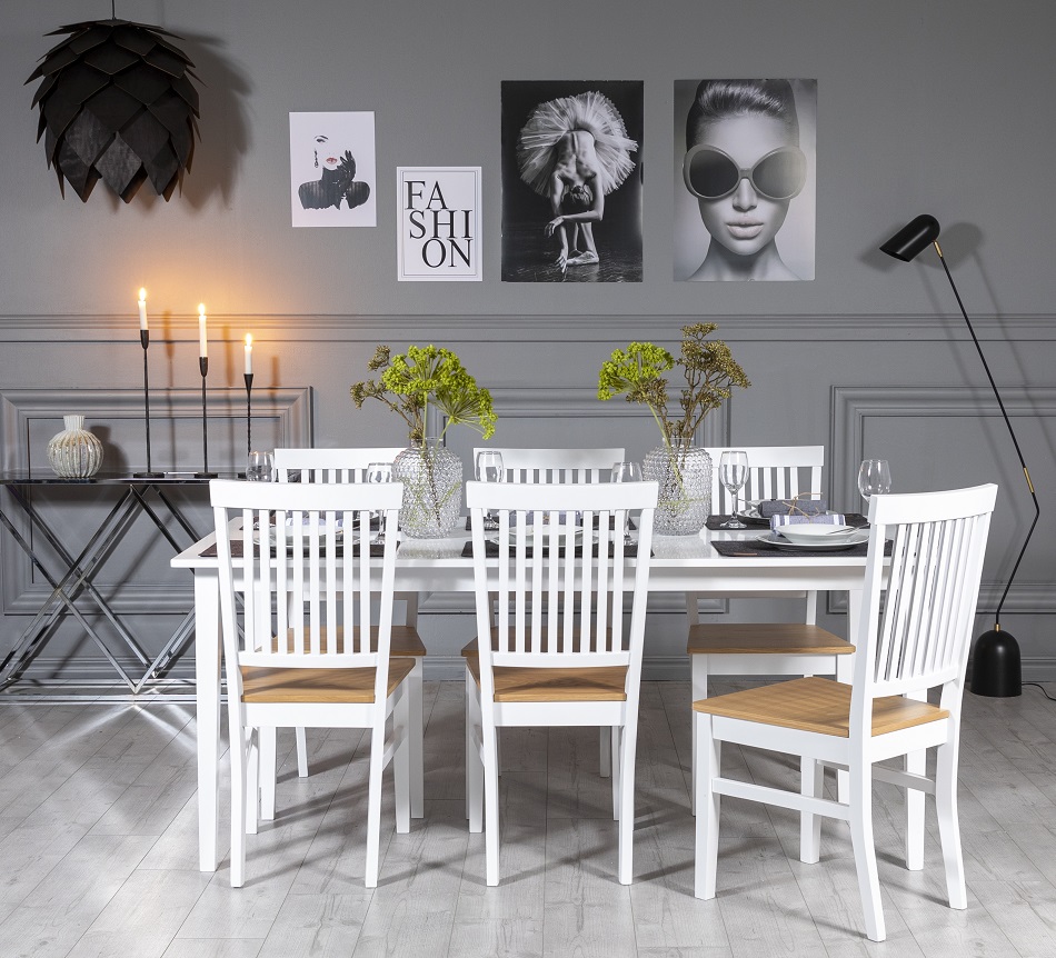 G�s� Essgruppe: Tisch 180 cm inklusive 6 F�r� St�hle - Wei�/Eiche