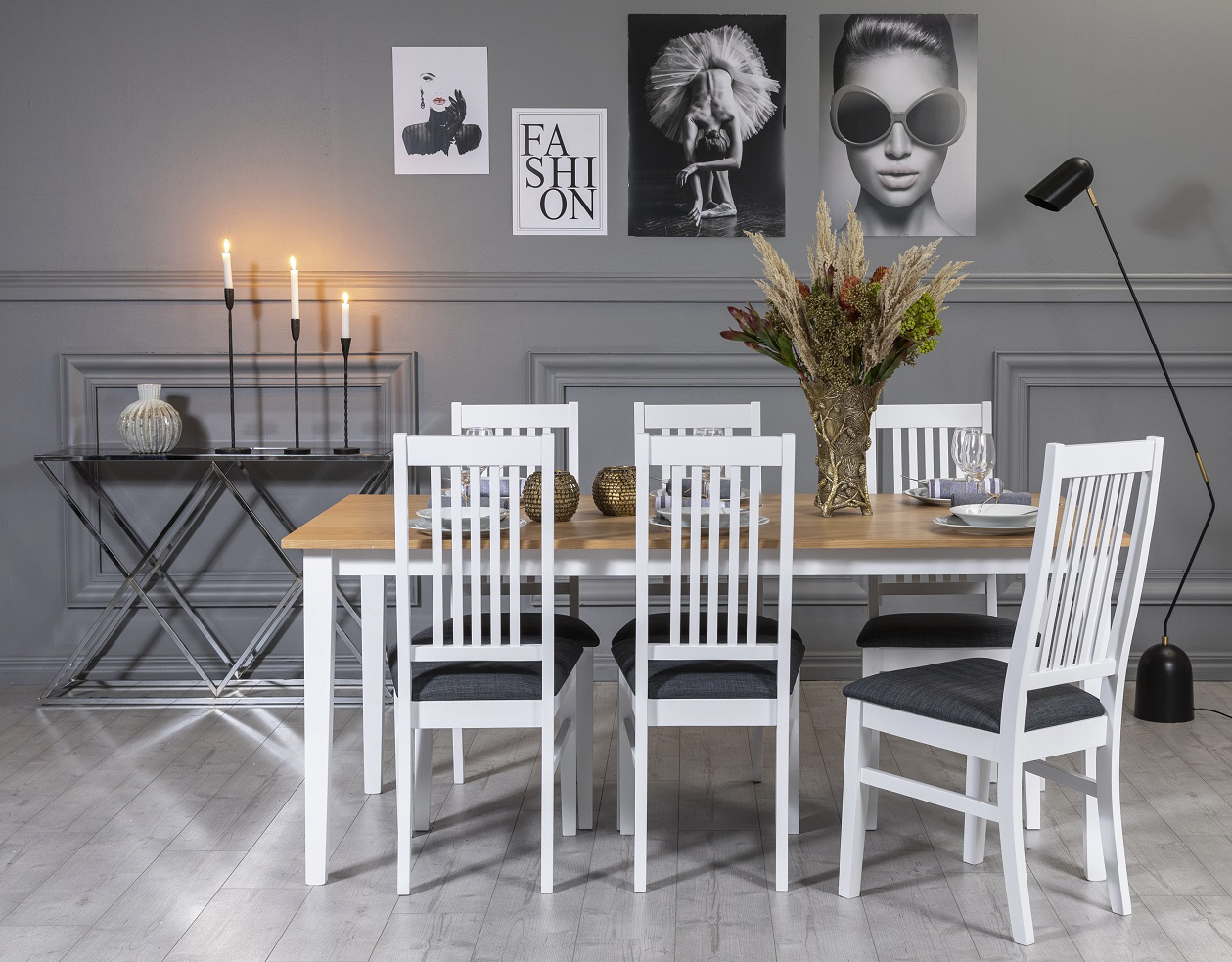 F�r� Essgruppe: Tisch 180 cm inklusive 6 G�s� St�hle - Wei�/Eiche