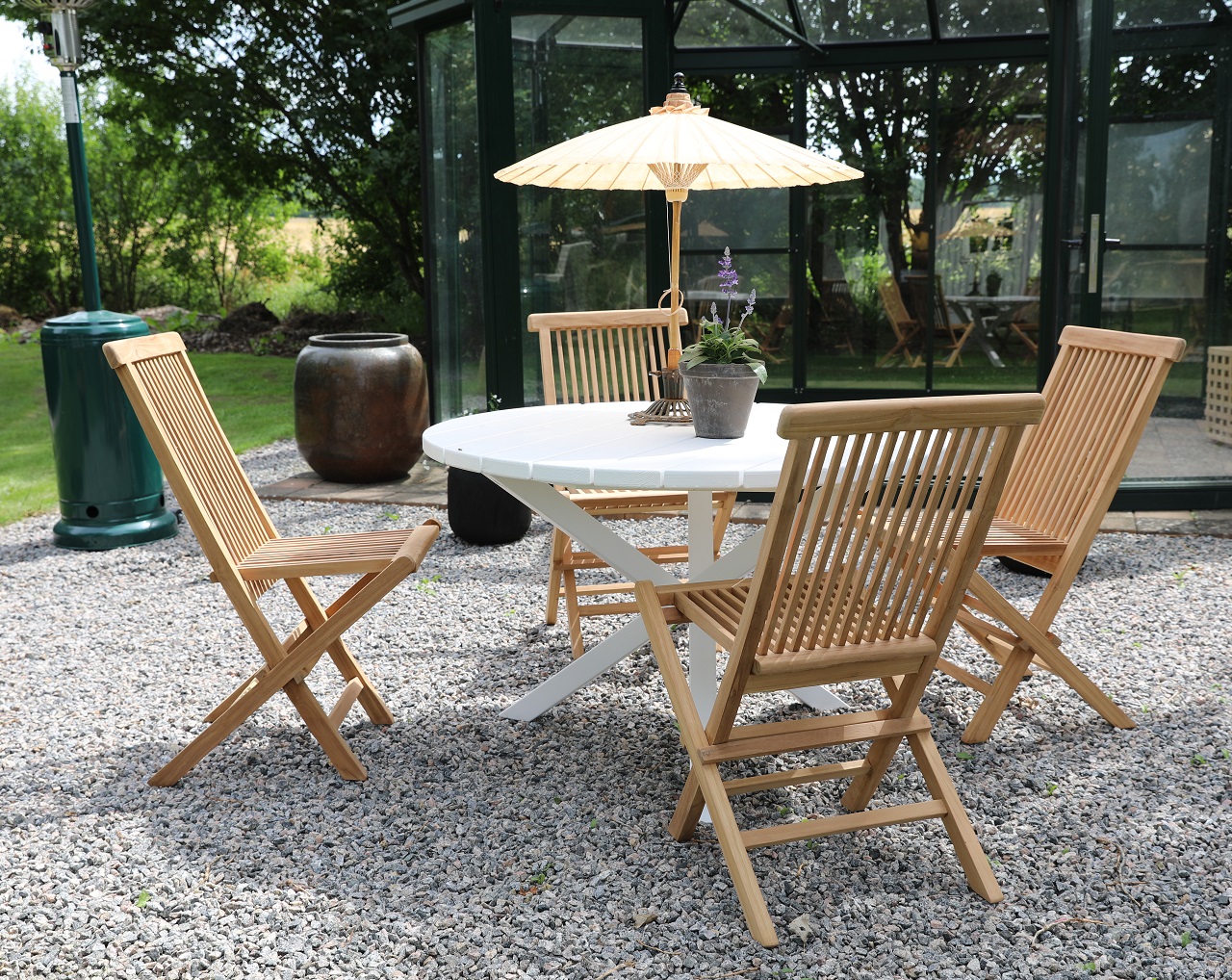 Scottsdale Essgruppe f�r drau�en, runder Tisch mit 4 Salt� Teakst�hlen - Teak/Wei� + Textilpflege f�r M�bel