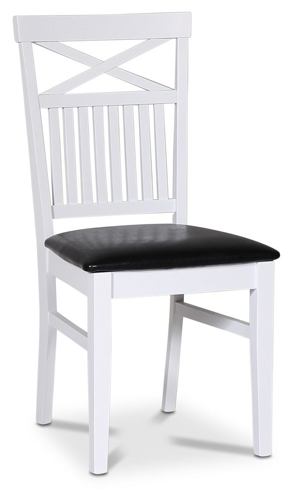 F�r� wei�er Stuhl mit Kreuz auf der R�ckenlehne und schwarzem Sitz + M�belf��e