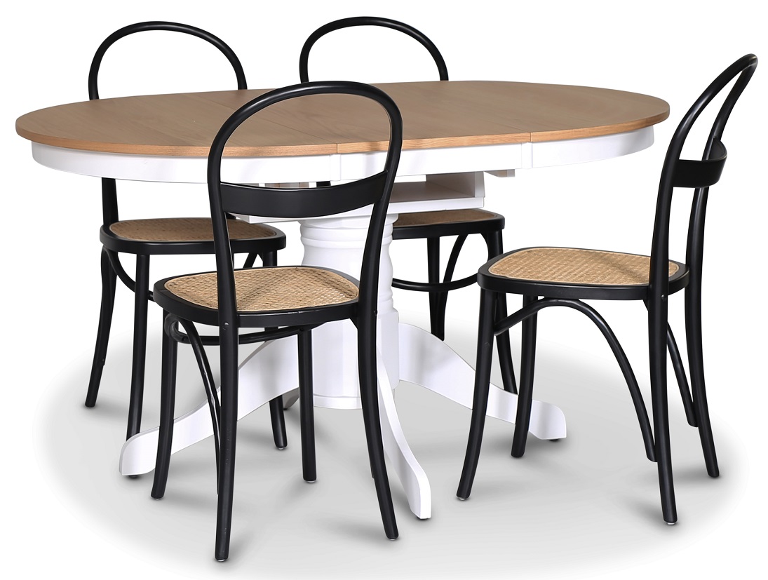 Fitchburg Food Group; Ovaler Esstisch 106-141 cm - Weiß / Eiche geölt mit 4 Danderyd No.16 Esszimmerstühlen Schwarz Fitchburg Food Group; Ovaler Esstisch 106-141 cm - Weiß / Eiche geölt mit 4 Danderyd No.16 Esszimmerstühlen Schwarz