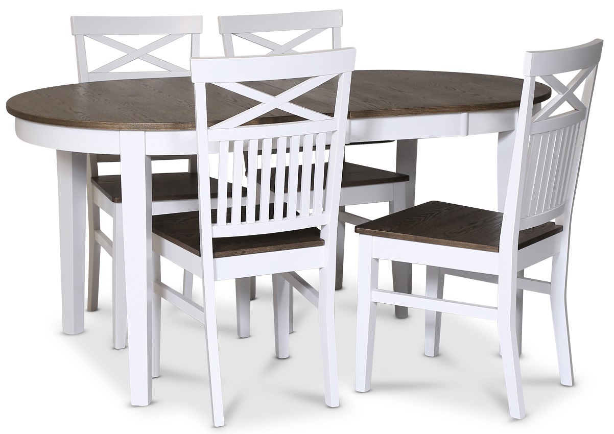 Lebensmittelgruppe Skagen; Esstisch 160/210x90 cm - Eiche wei�/braun ge�lt mit 4 Skagen St�hlen mit Kreuz, braun/wei�