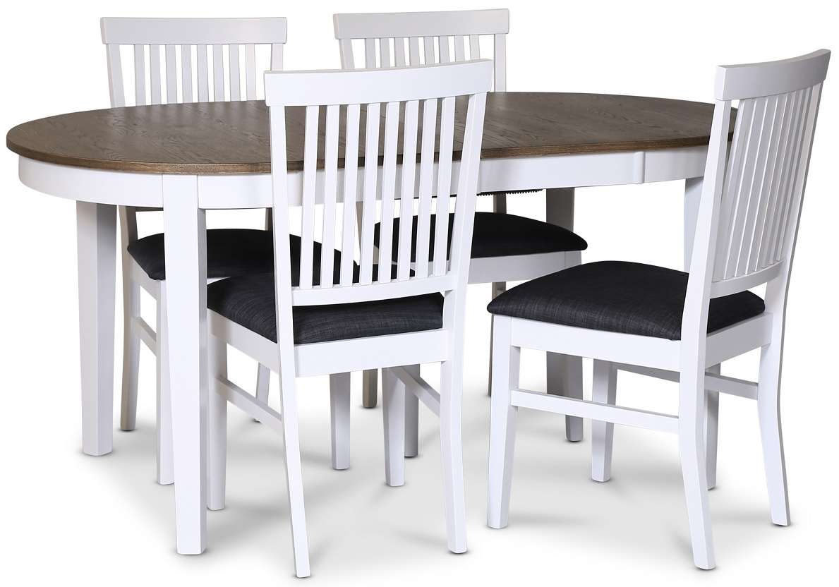 Lebensmittelgruppe Skagen; Esstisch 160/210x90 cm - Wei�/braun ge�lte Eiche mit 4 F�r� St�hlen mit grauen Stoffsitzen