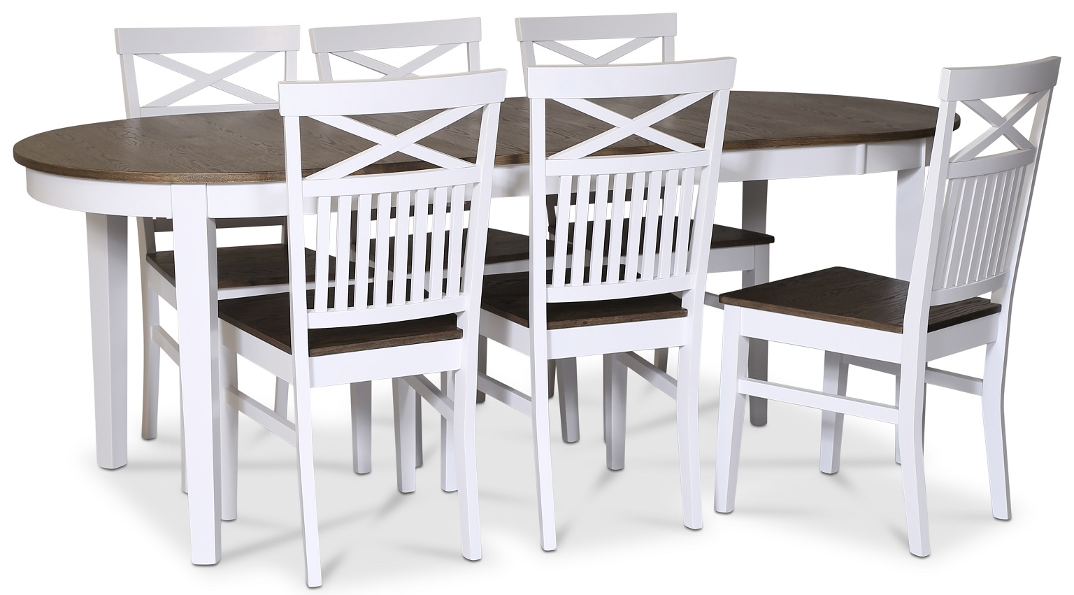 Lebensmittelgruppe Skagen; Esstisch 160/210x90 cm - Eiche wei�/braun ge�lt mit 6 Skagen St�hlen mit Kreuzen auf der R�ckenlehne