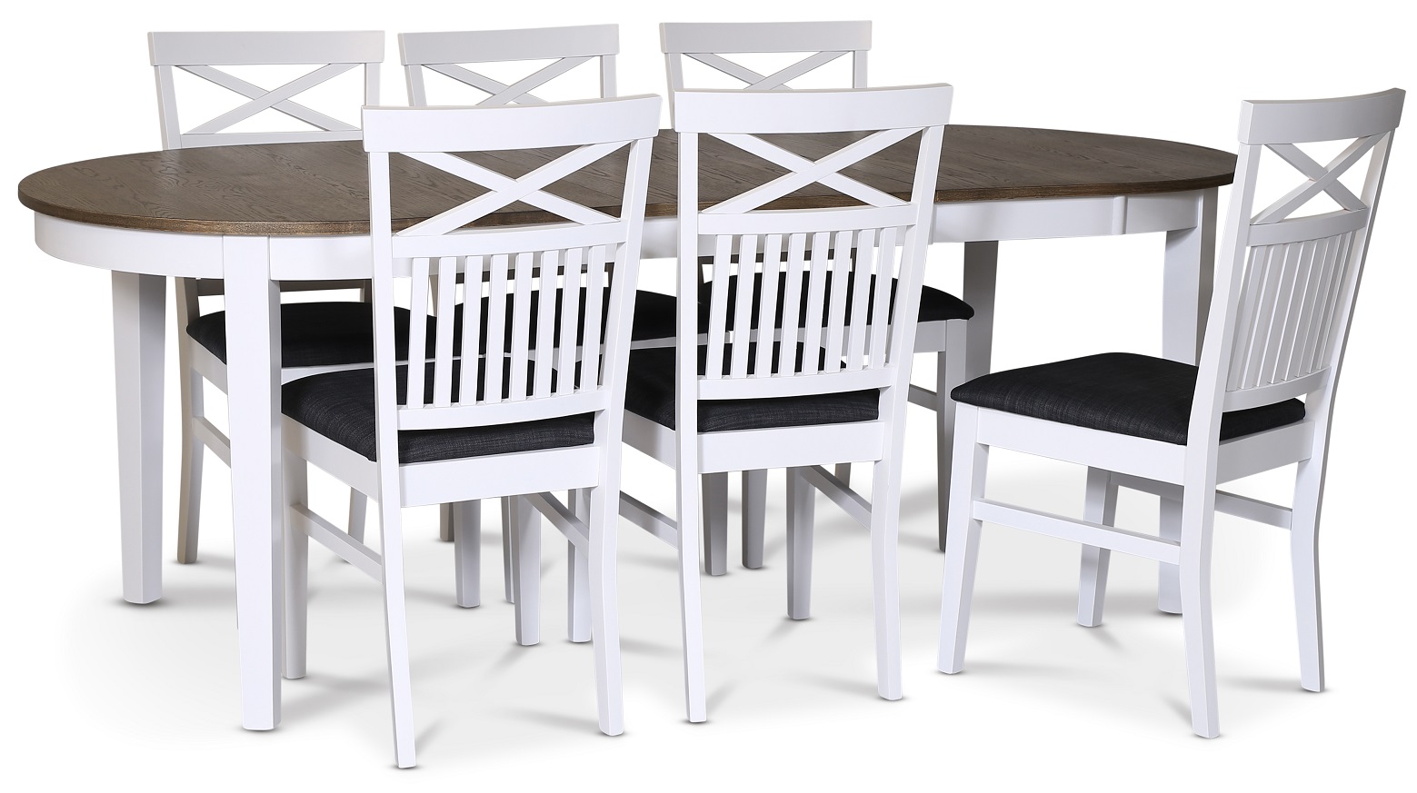 Lebensmittelgruppe Skagen; Esstisch 160/210x90 cm - Eiche wei�/braun ge�lt mit 6 Skagen St�hlen mit Kreuz auf der R�ckenlehne un