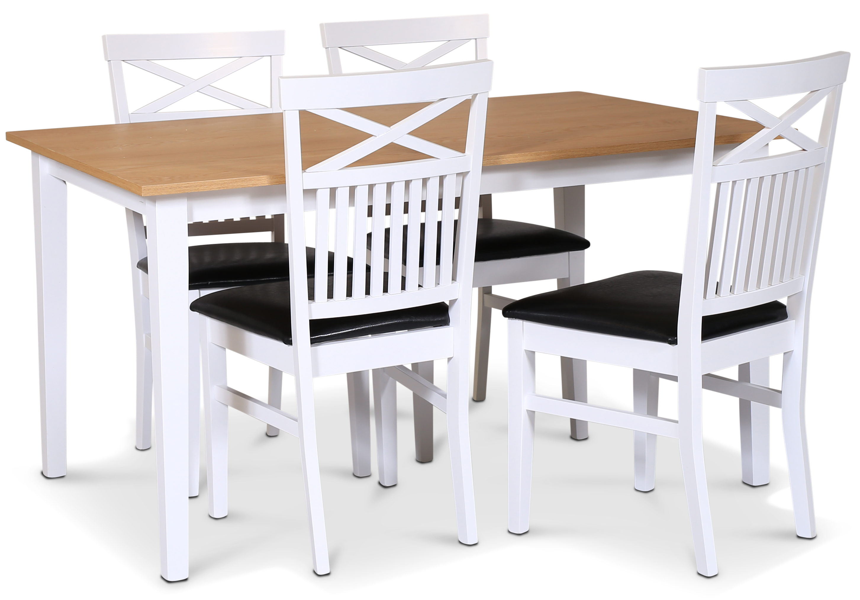 Esstisch-Set; Tisch 140x90 cm - Weiß / geölte Eiche mit 4 Stühlen - Fårö Esstisch-Set; Tisch 140x90 cm - Weiß / geölte Eiche mit 4 Stühlen - Fårö