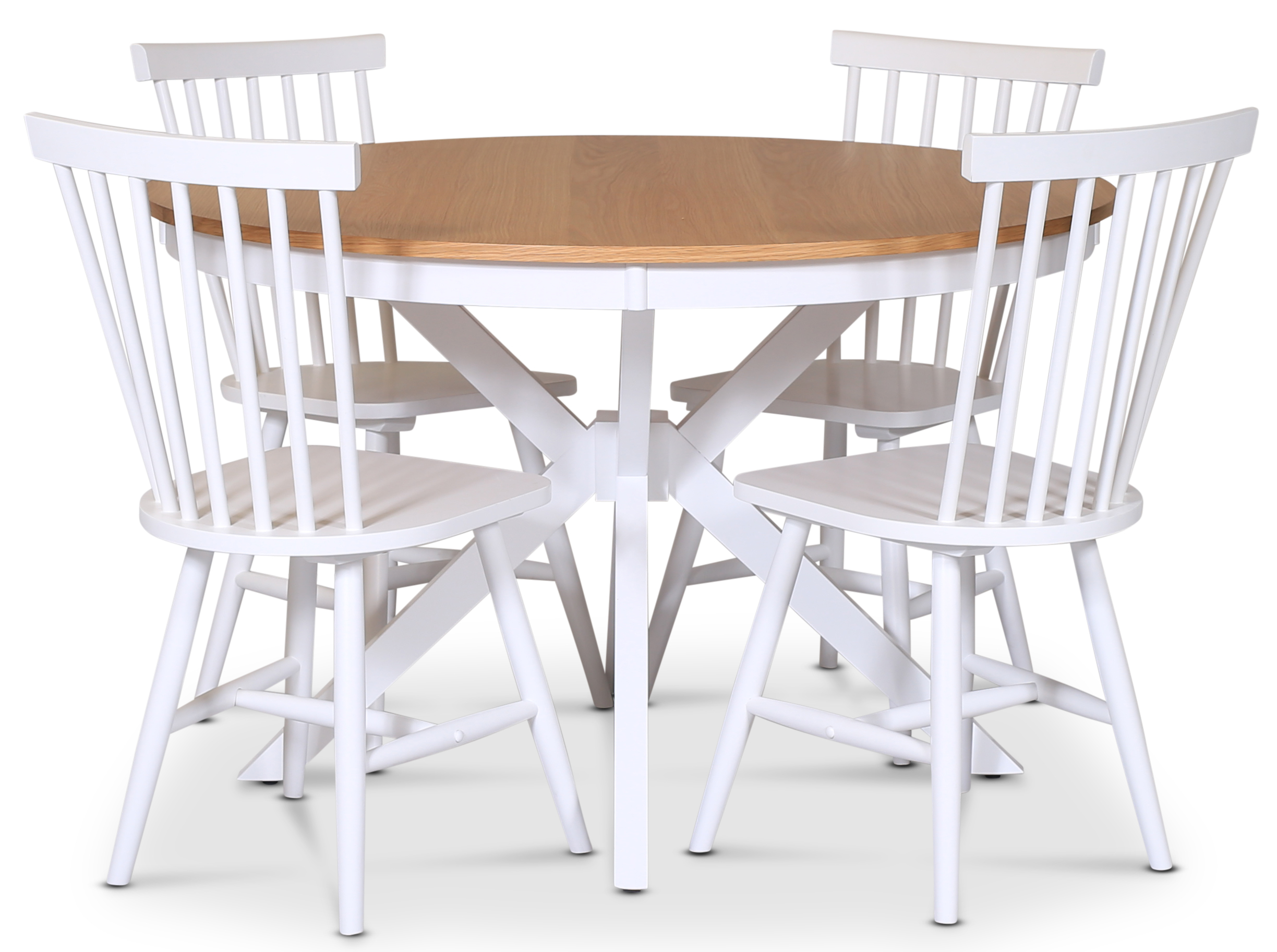 Lebensmittelgruppe Troms�; runder Esstisch 120 cm - Eiche wei� / ge�lt mit 4 wei�en Karl-Rohrst�hlen