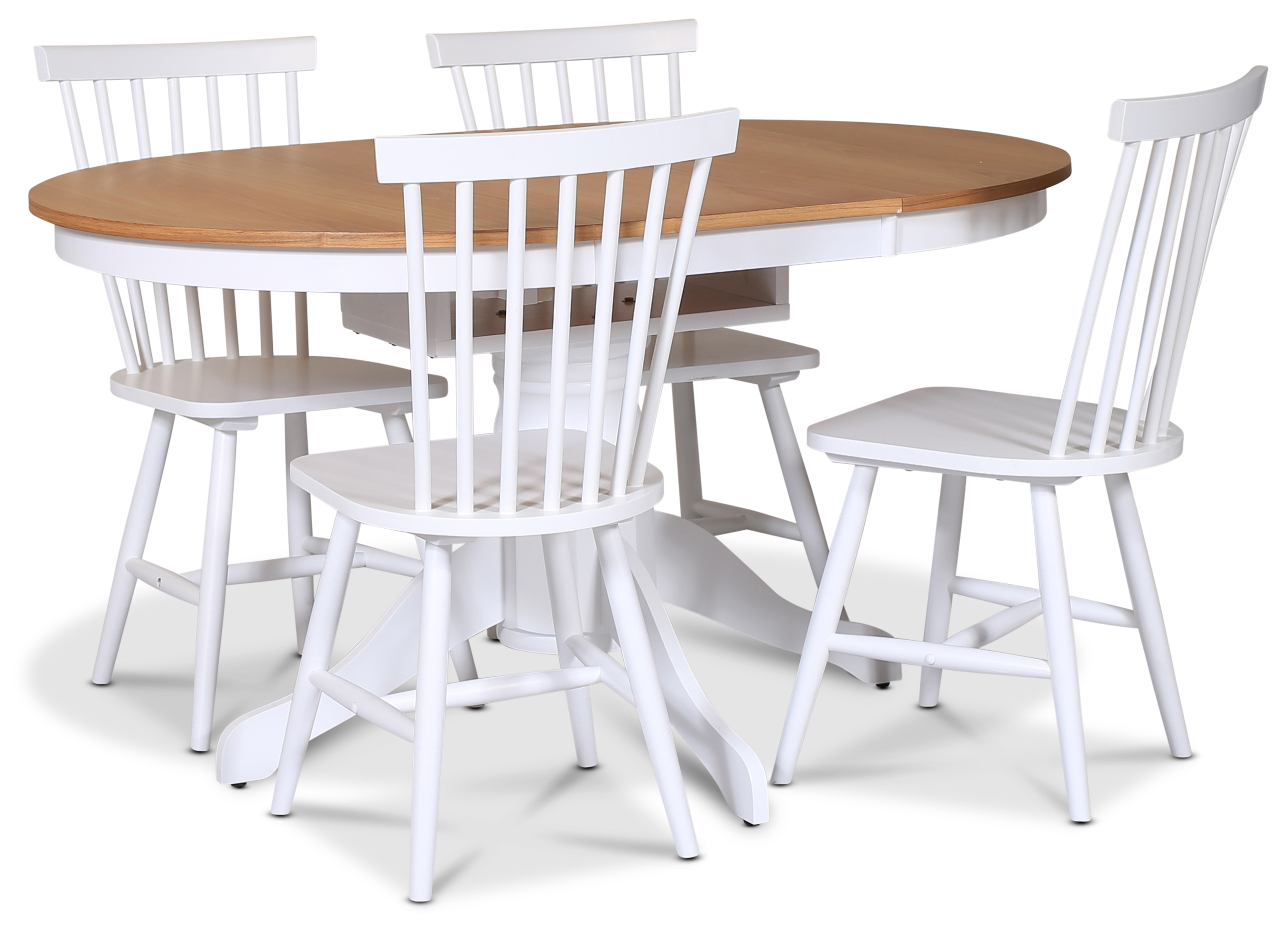 Fitchburg Food Group; Esstisch rund 106 /141 cm - Weiß / Eiche geölt mit 4 weißen Karl Pinnstolar + 4.00 x Stuhlkissen Fitchburg Food Group; Esstisch rund 106 /141 cm - Weiß / Eiche geölt mit 4 weißen Karl Pinnstolar + 4.00 x Stuhlkissen