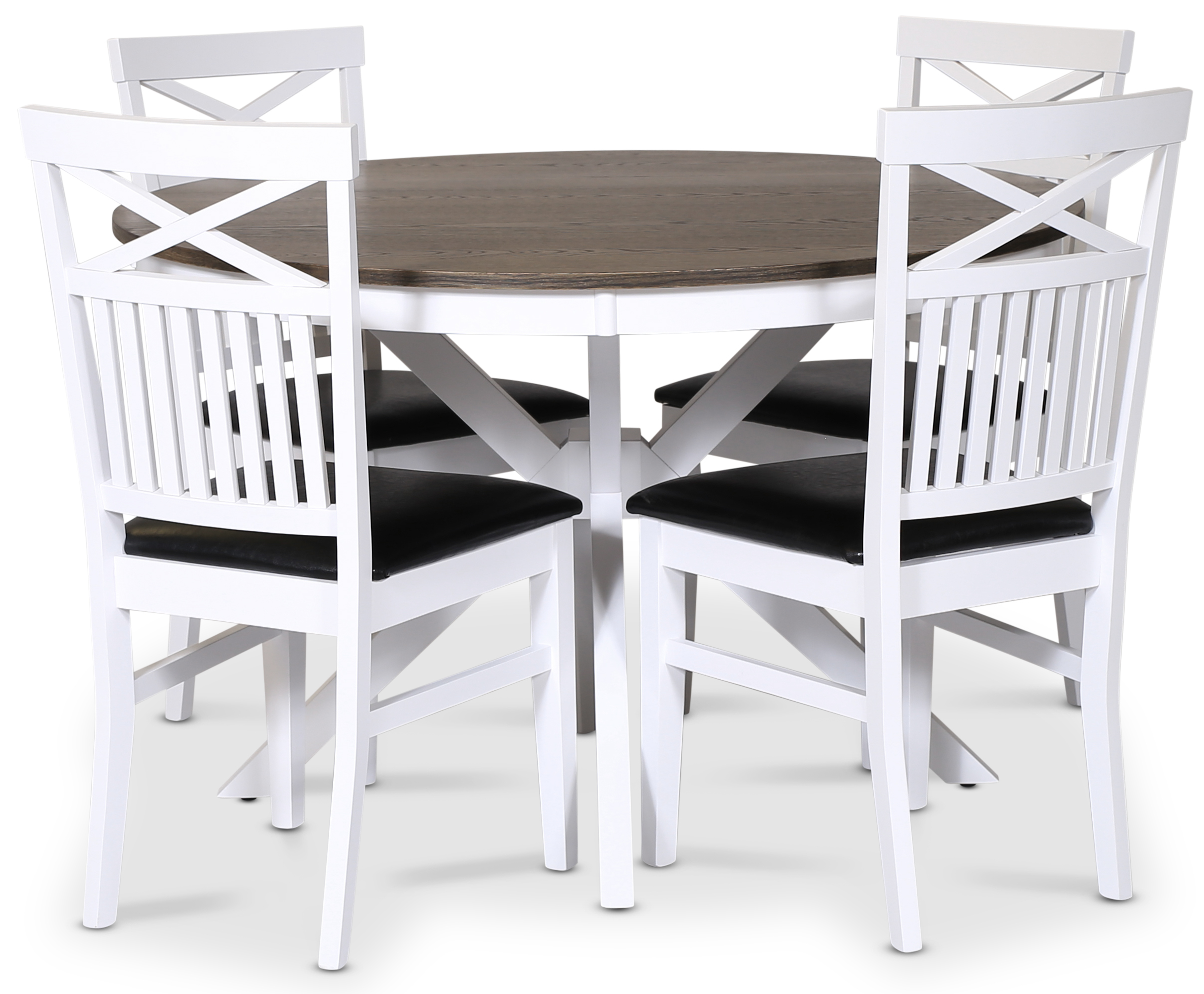 Lebensmittelgruppe Skagen; runder Esstisch �120 cm - wei�/braun ge�lte Eiche mit 4 F�r�-St�hlen (Kreuz im R�cken) mit schwarzer