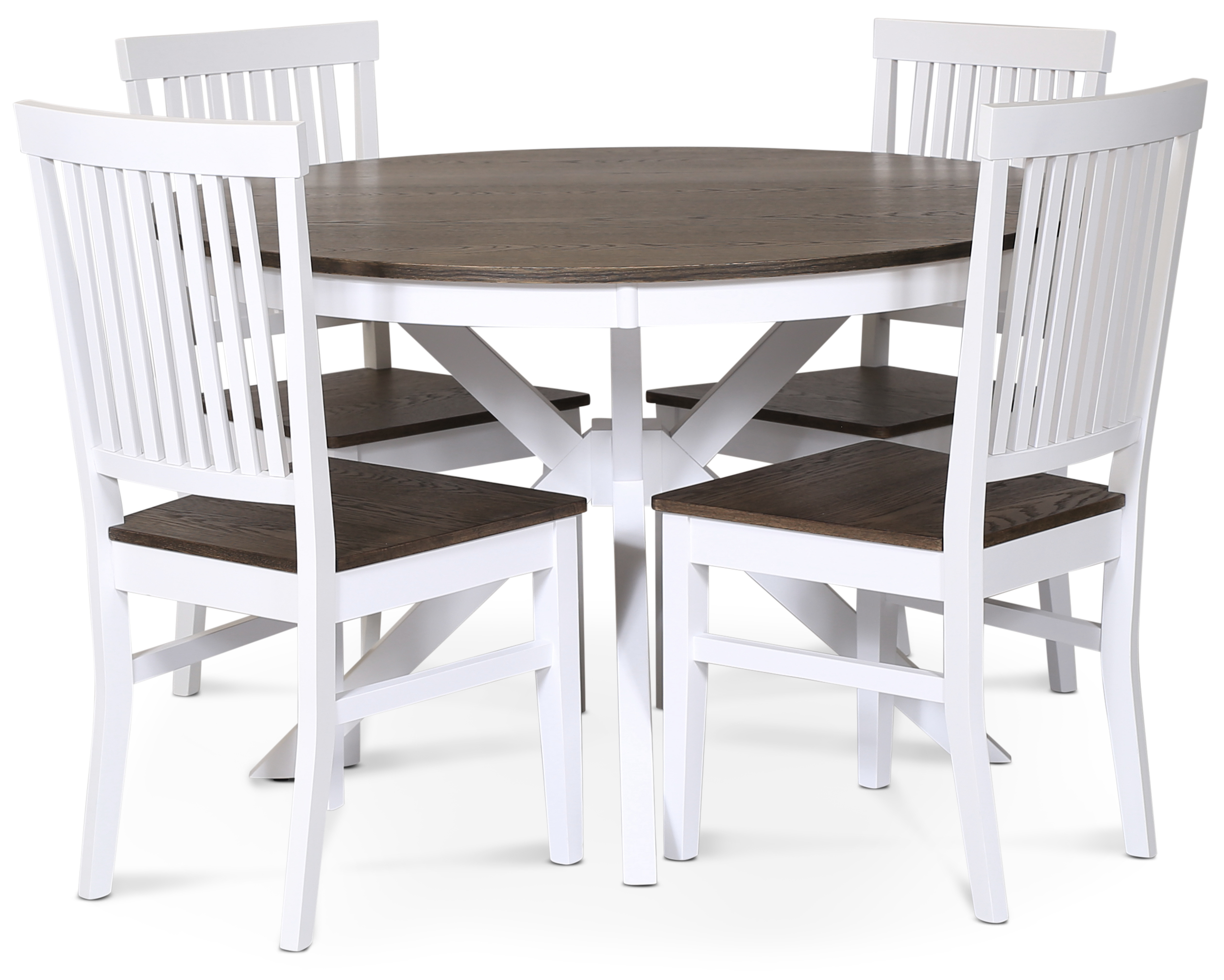 Lebensmittelgruppe Skagen; runder Esstisch �120 cm - Eiche wei� / braun ge�lt mit 4 Skagen-St�hlen (Ribs in the back) mit braun