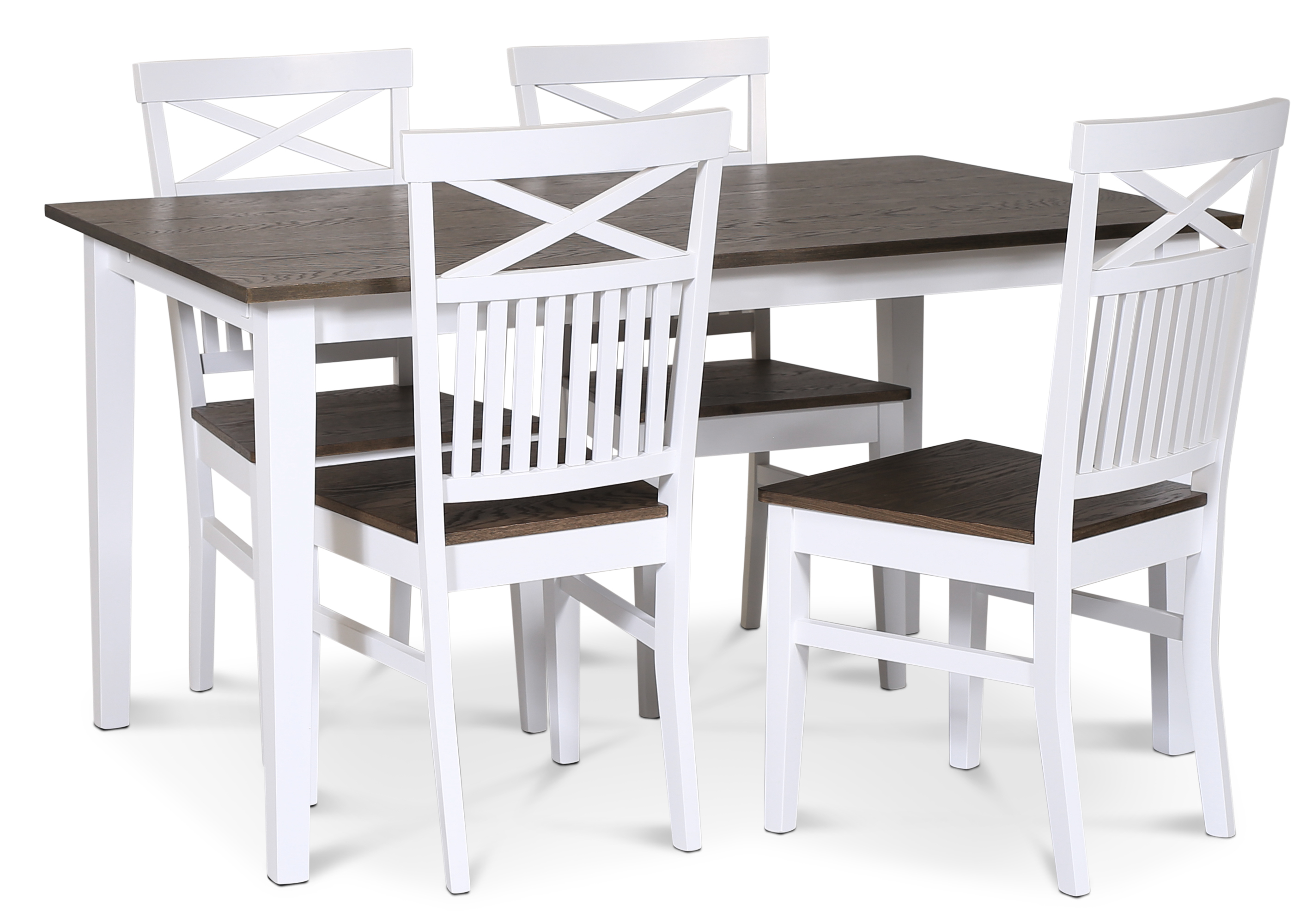 Lebensmittelgruppe Skagen; klassischer Esstisch 140x90 cm - Eiche wei�/braun ge�lt mit 4 Skagen St�hlen (Kreuz im R�cken) mit br