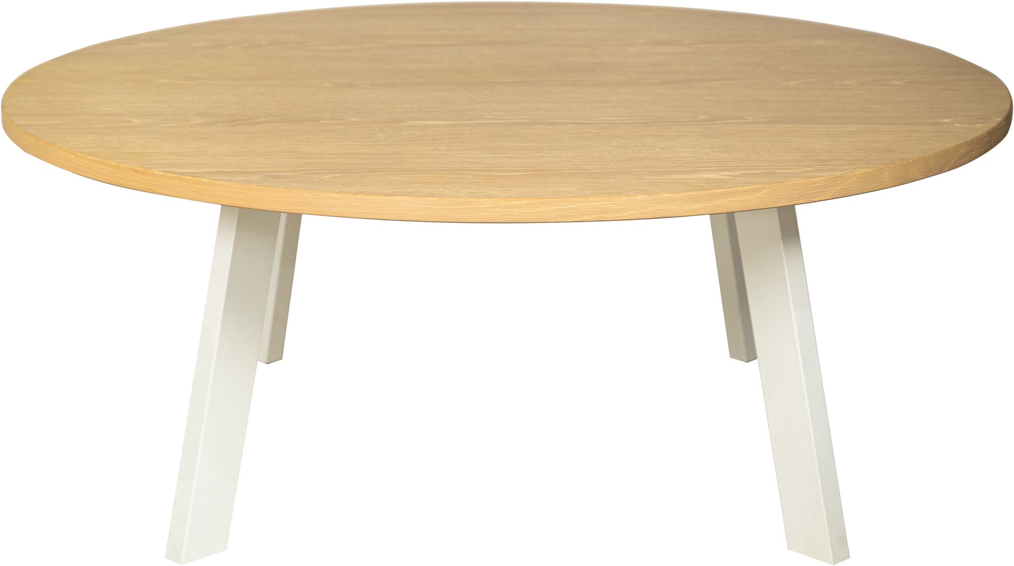 Gro�er runder Couchtisch Freddy aus wei� get�nchter Eiche mit wei�en Metallbeinen