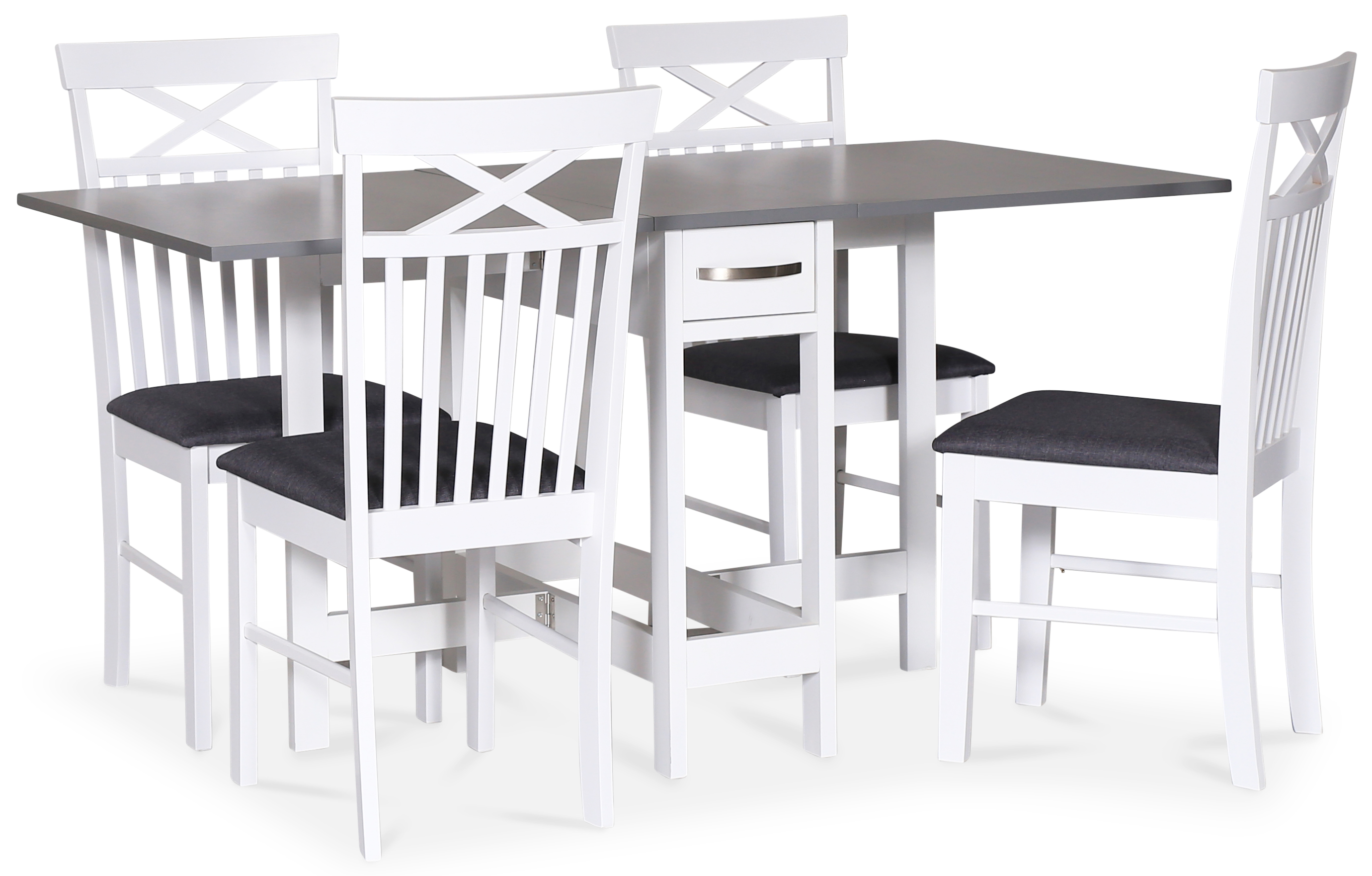Esstisch-Set; Weiß/grauer Klapptisch mit 4 Stühlen - Fårö Esstisch-Set; Weiß/grauer Klapptisch mit 4 Stühlen - Fårö
