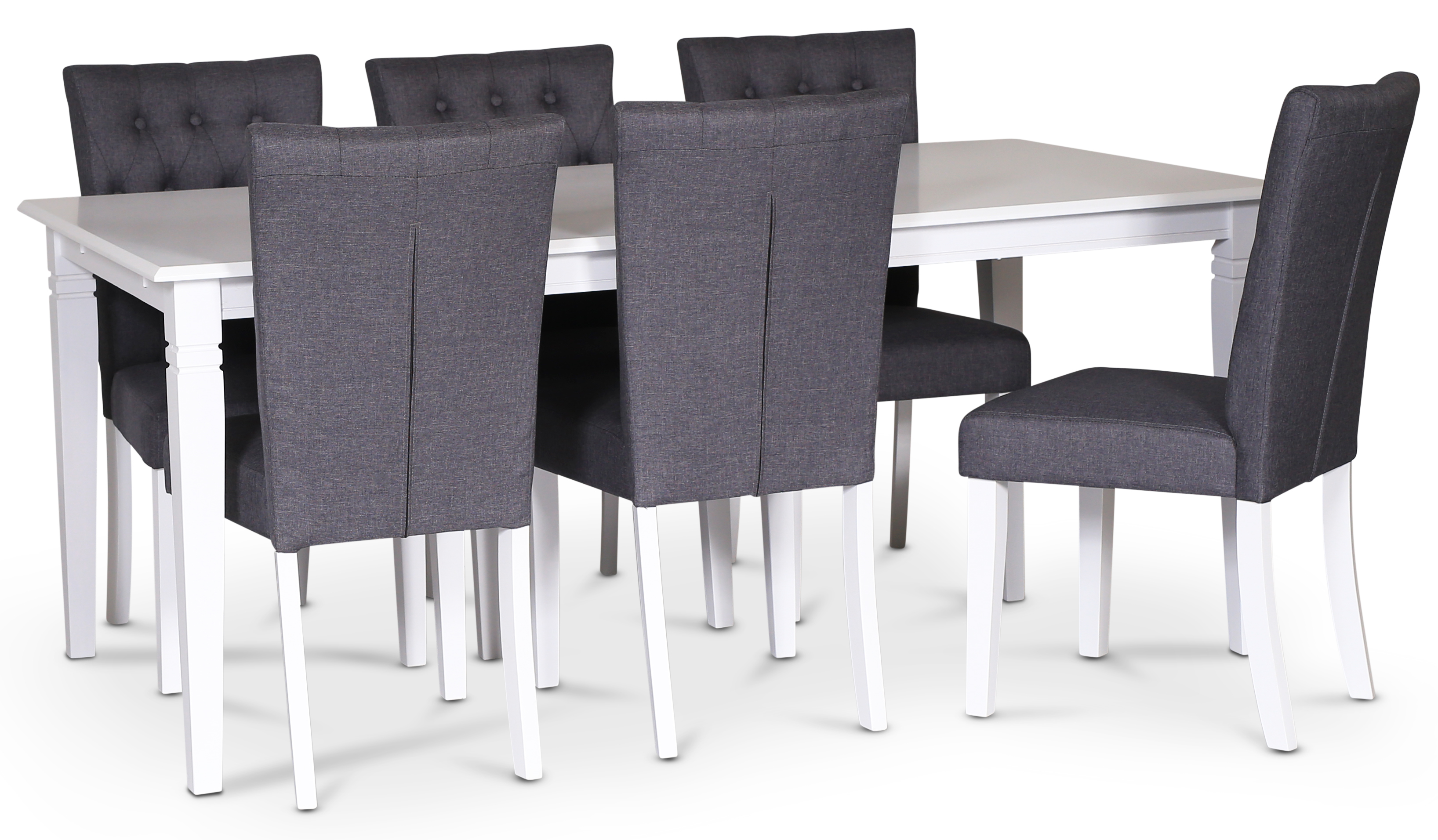 Lebensmittelgruppe Sandhamn; Tisch 180 x 95 cm mit 6 Crocket-Esszimmerst�hlen aus grauem Stoff + 4.00 x M�belf��e