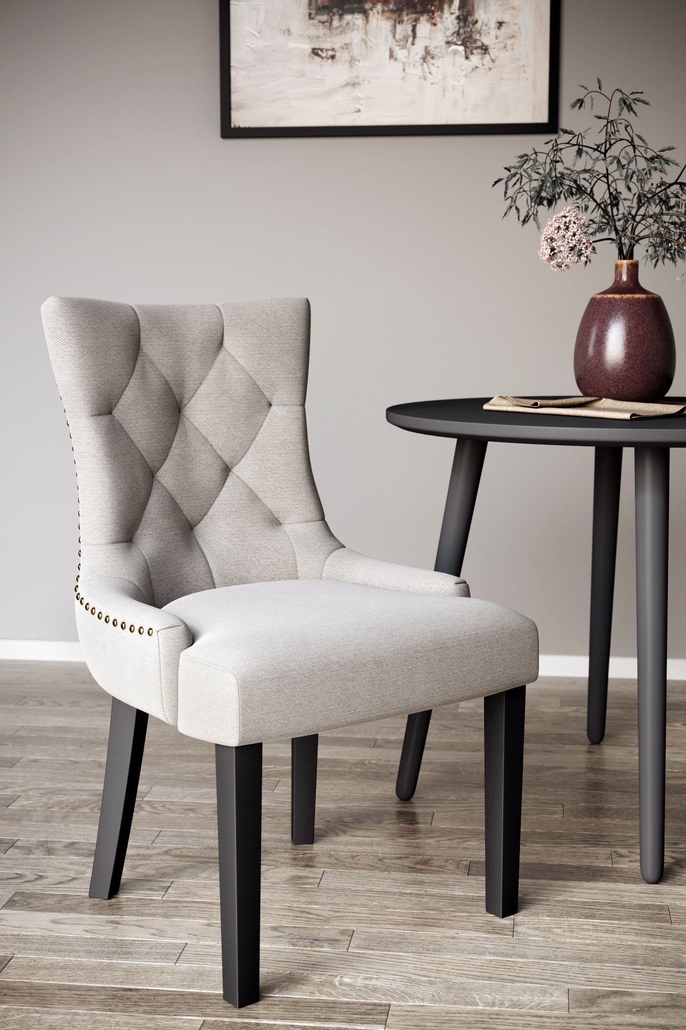 Tuva-Stuhl aus beigem Stoff mit schwarzen Beinen