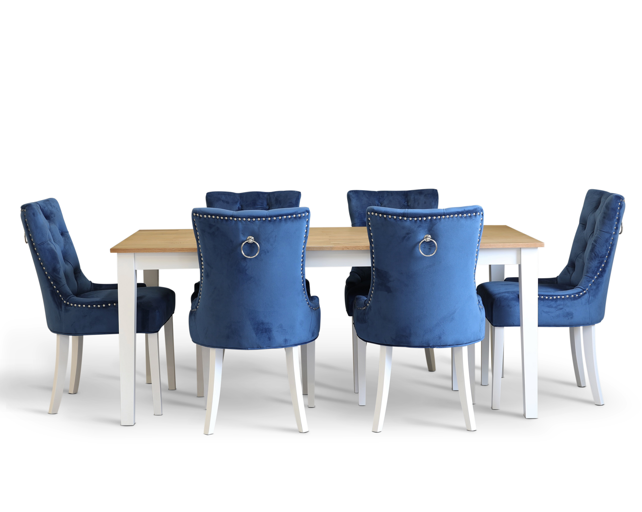 Dalsland-Essgruppe: Esstisch in Wei� / Eiche mit 6 Tuva-St�hlen in blauem Samt