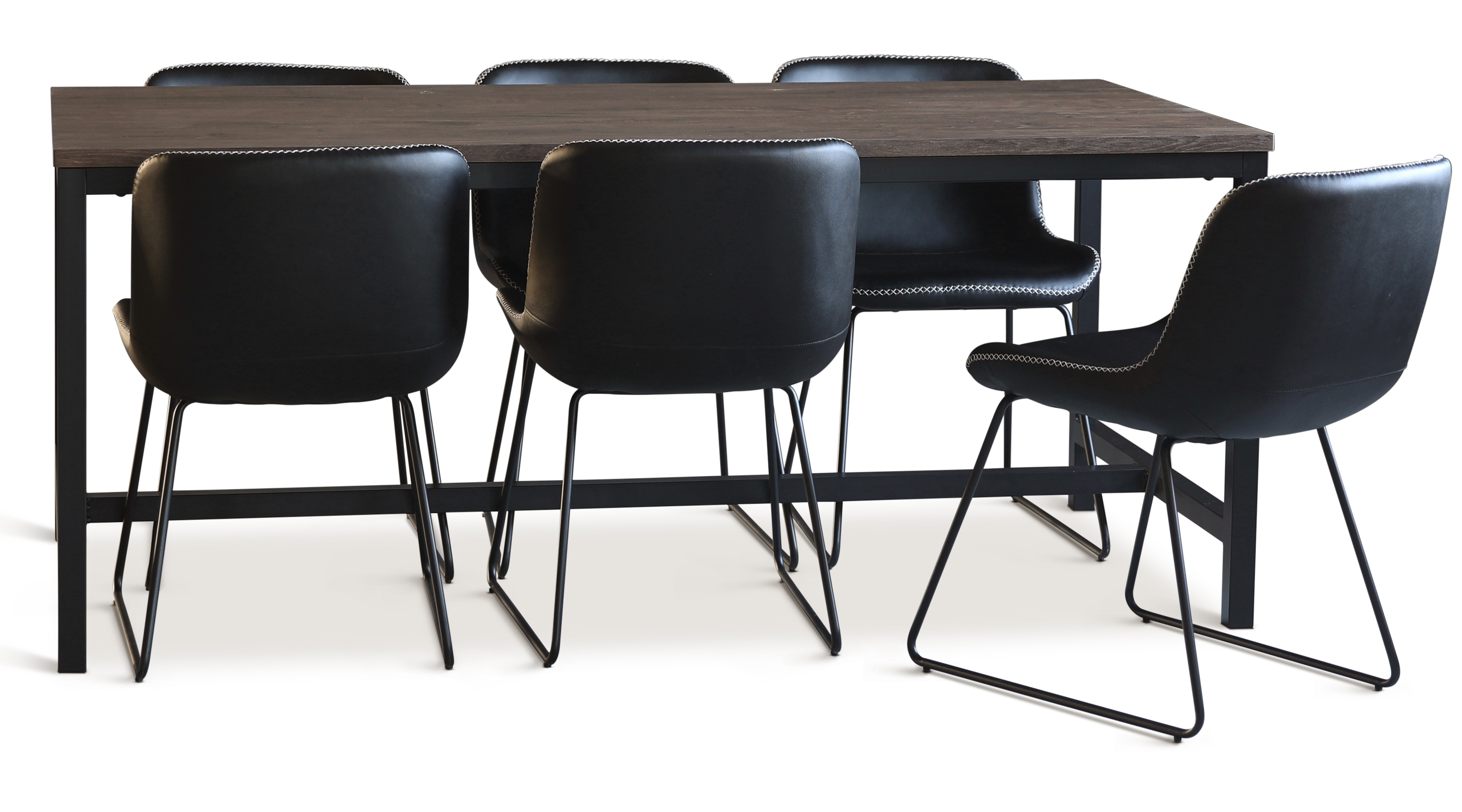 Texas-Essgruppe mit 8 Texas-Esszimmerst�hlen aus schwarzem PU + Texas-Esstisch aus dunkelbrauner Eiche 200x100 cm