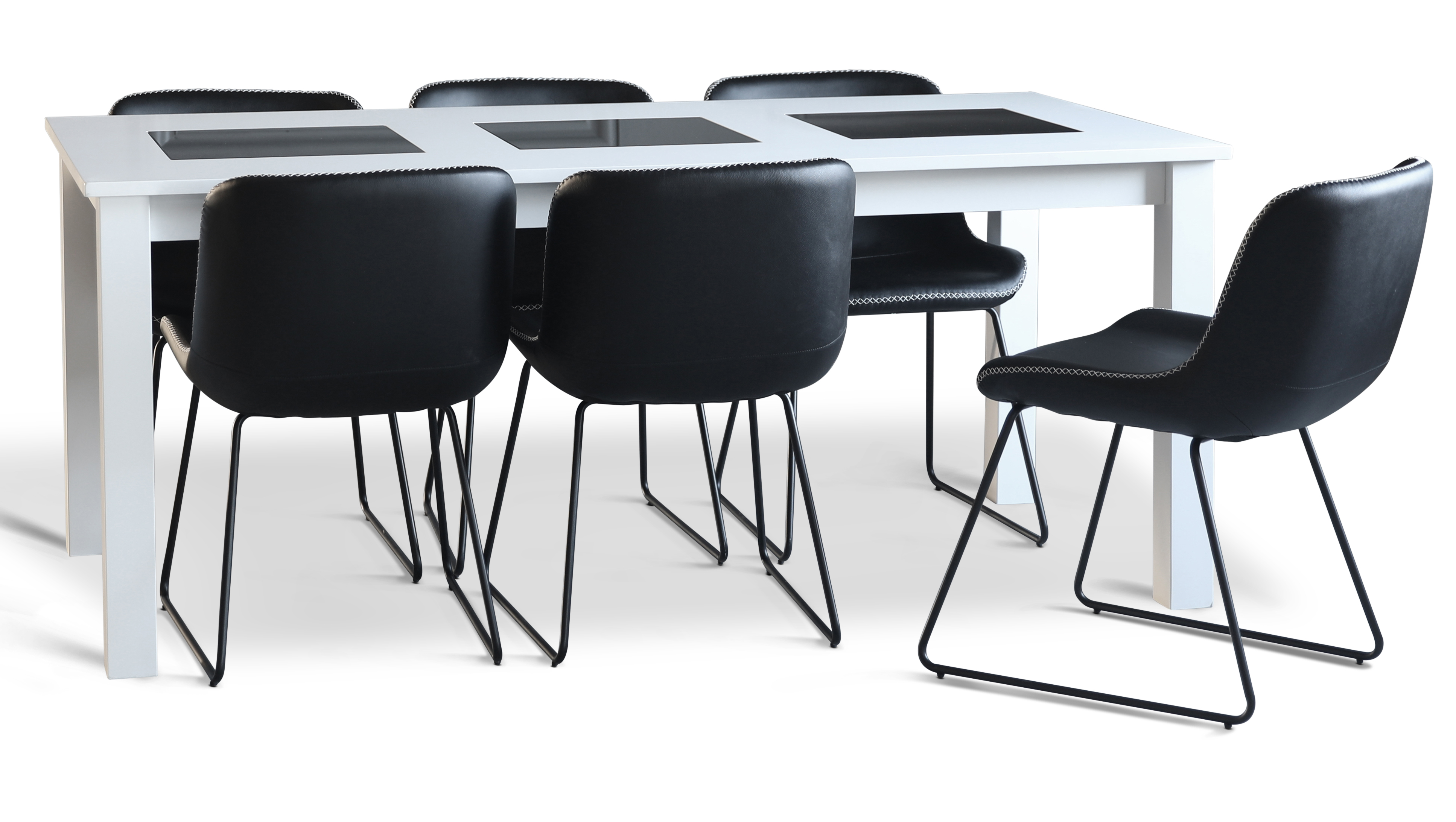 Essgruppe aus Granit; Tisch 180x90 cm weiß mit 6 Texas-Esszimmerstühlen aus schwarzem PU Essgruppe aus Granit; Tisch 180x90 cm weiß mit 6 Texas-Esszimmerstühlen aus schwarzem PU