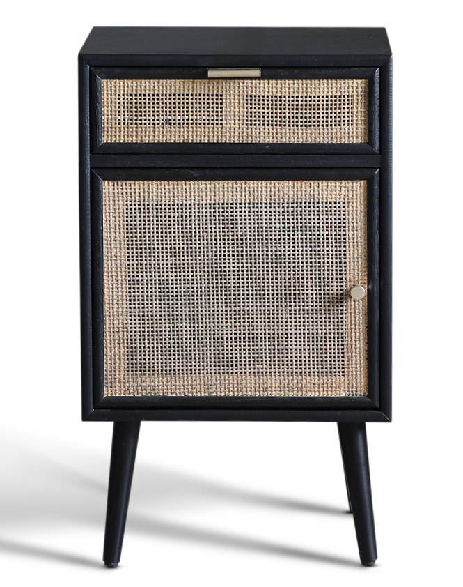 Schwarzer Nachttisch Stockholm mit Rattan + M�belf��e