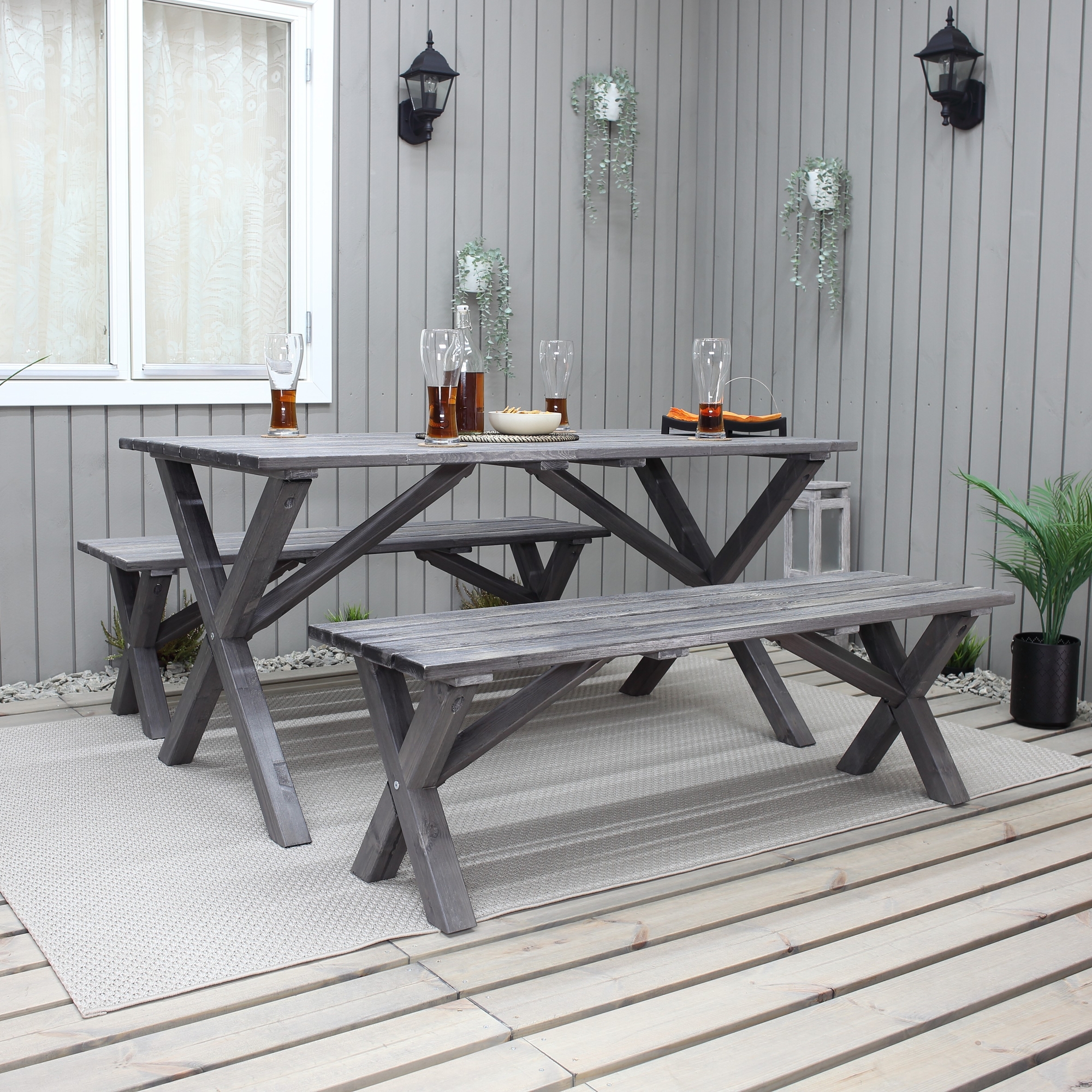 Scottsdale Outdoor-Gruppentisch 150 cm inkl. 2 B�nke - Shabby Chic grau