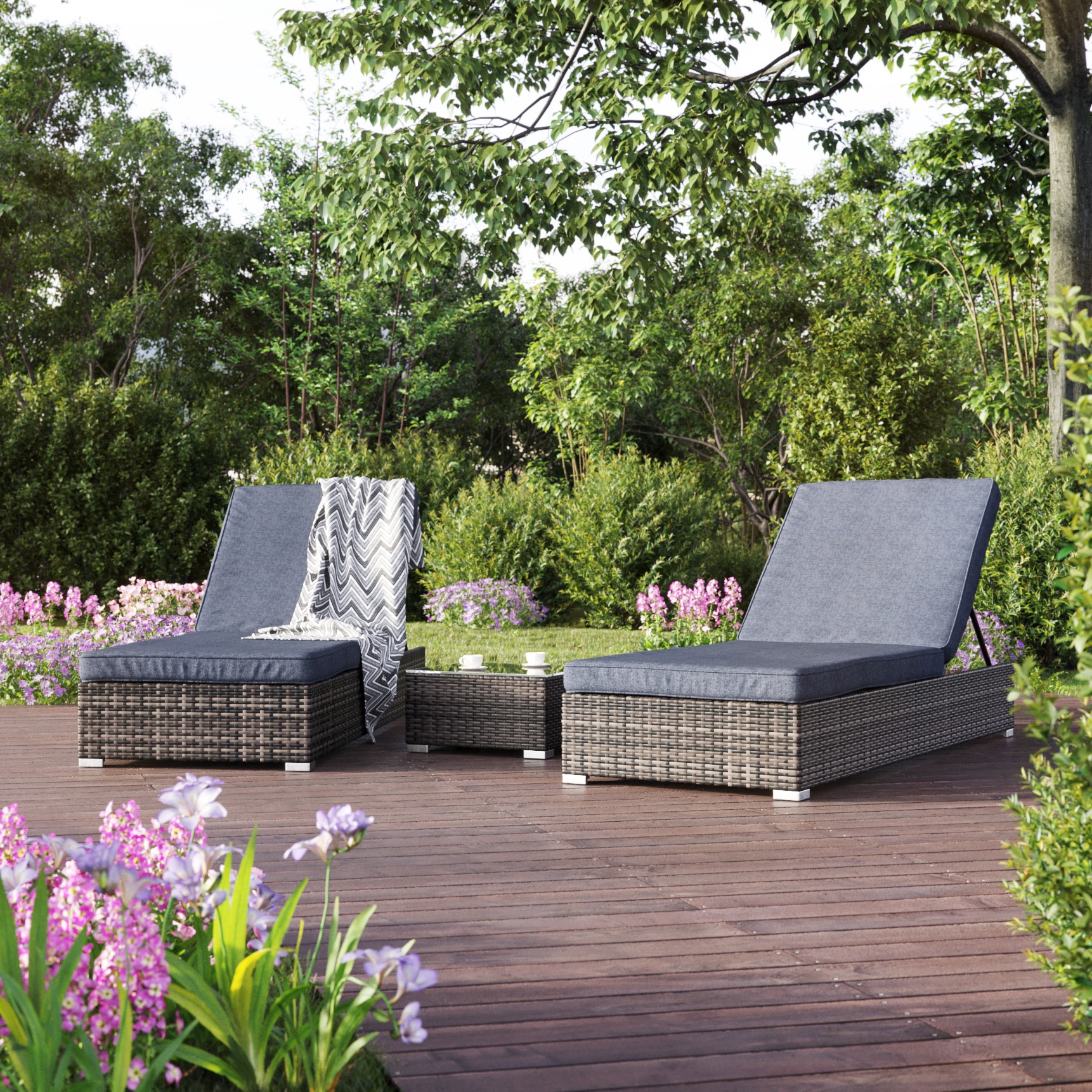 Dante 2 Liegestühle inkl. Tisch - Kunstrattan (grau) + Möbelfüße Dante 2 Liegestühle inkl. Tisch - Kunstrattan (grau) + Möbelfüße