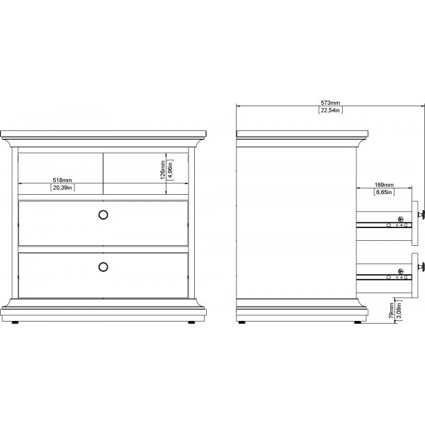 Pariser Nachttisch mit 2 Schubladen und 1 offenem Fach - Grau