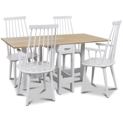 Signum Essgruppe Slag Tisch Weiß/Eiche mit 4 weißen Dalsland Rohrstühlen mit Armlehnen