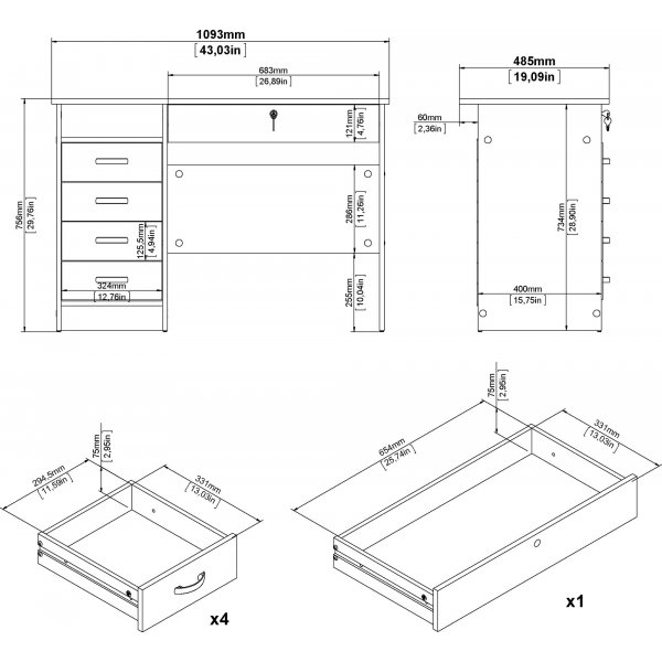 Function Plus Schreibtisch mit 4 Schubladen 109,3 x 48,5 cm - Dunkelbraun
