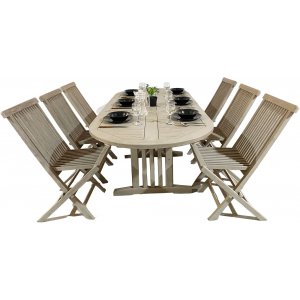 Saltö Outdoor-Essgruppe oval 150-210 cm Tisch mit 6 Esszimmerstühlen - Graues Teakholz + Möbelpflegeset für Textilien Saltö Outdoor-Essgruppe oval 150-210 cm Tisch mit 6 Esszimmerstühlen - Graues Teakholz + Möbelpflegeset für Textilien