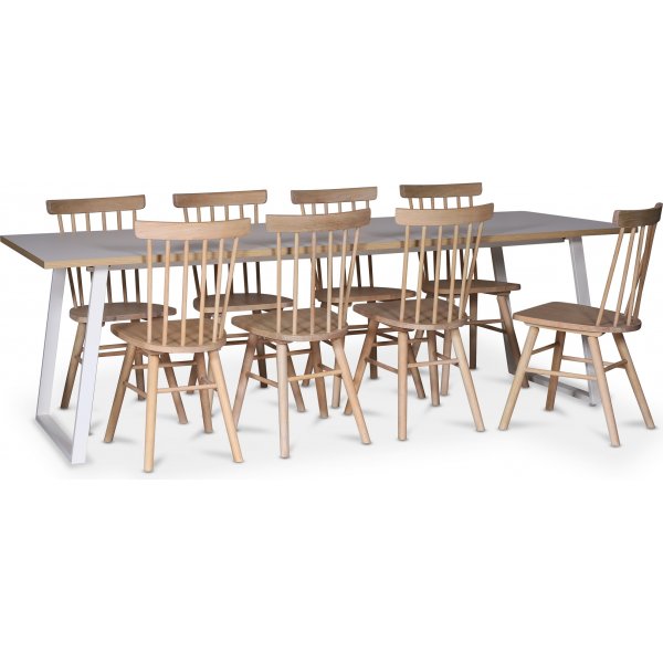 Edge-Essgruppe; Esstisch aus weiem HPL 240x90 cm mit 8 Orust Rohrsthlen Whitewash