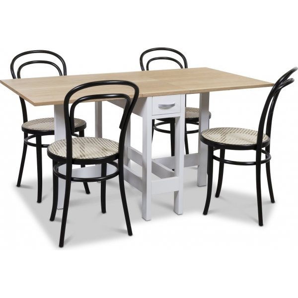 Signum Essgruppe Slag Tisch Wei/Eiche mit 4 schwarzen Thonet No14