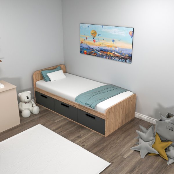 Einzelbett Akser mit integriertem Stauraum 190 x 90 cm - Kiefer/Anthrazit