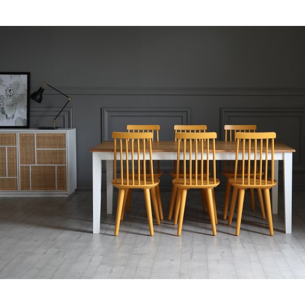 Dalsland-Essgruppe: Esstisch in Eiche / Wei mit 6 gelben Korbsthlen