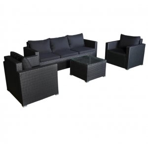 Yngsj Outdoor-Gruppe; 3-Sitzer-Sofa mit Tisch und 2 Sesseln - Schwarzes synthetisches Rattan