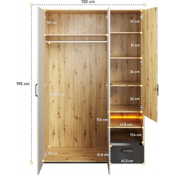 Qubic Kleiderschrank 130 cm - Artisan Eiche/Grau Qubic Kleiderschrank 130 cm - Artisan Eiche/Grau