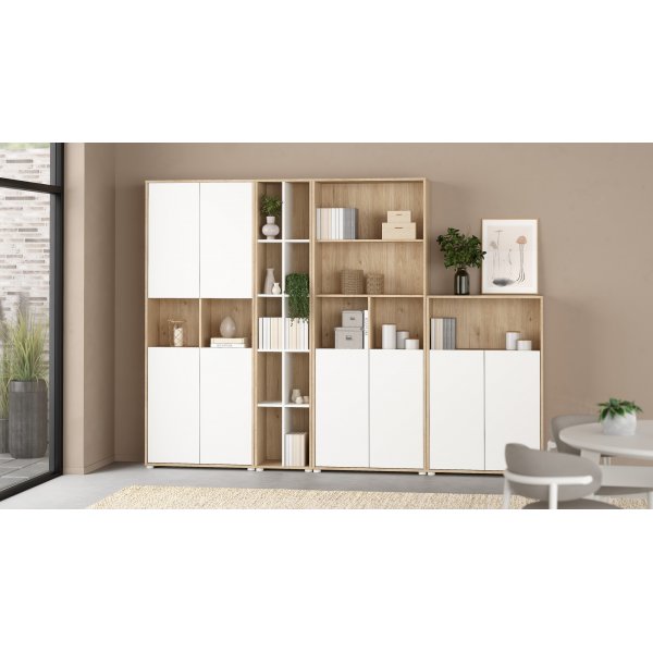 Sign hohes B�cherregal mit 4 T�ren - Wei�/Hickory